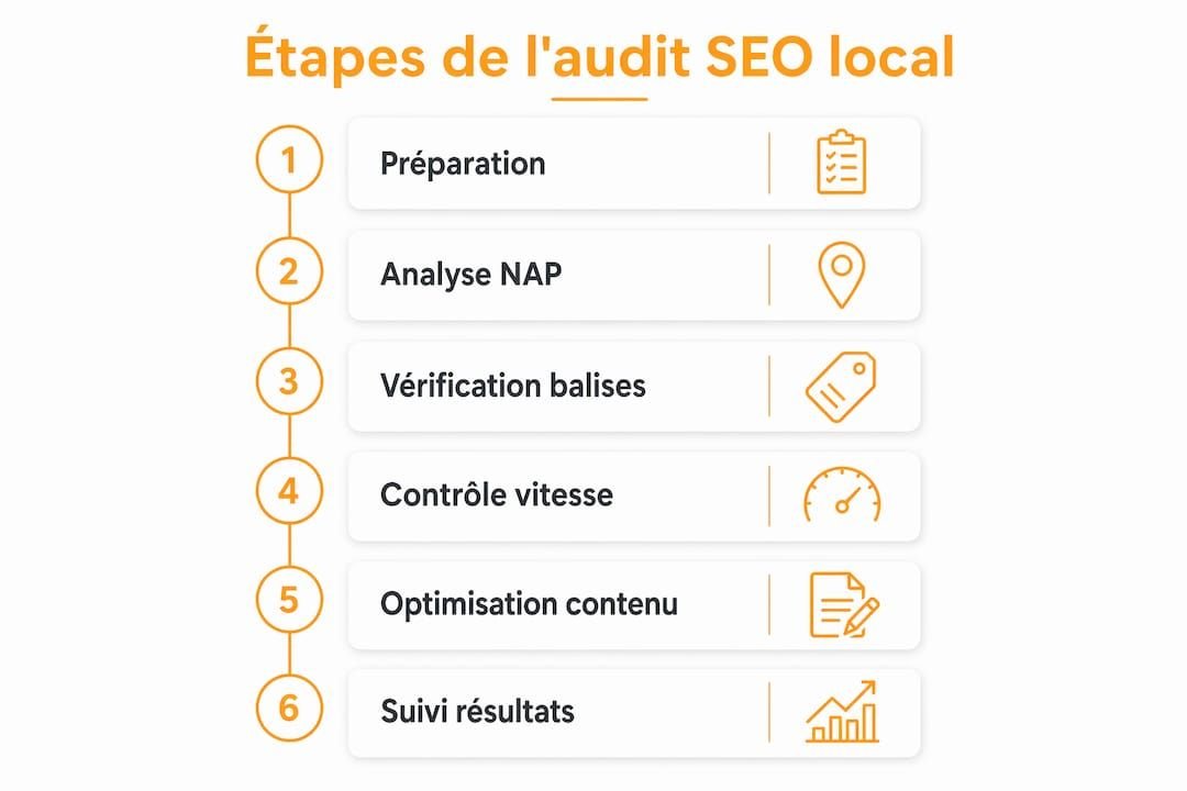 Visuel présentant les étapes essentielles pour réaliser un audit SEO local efficace.